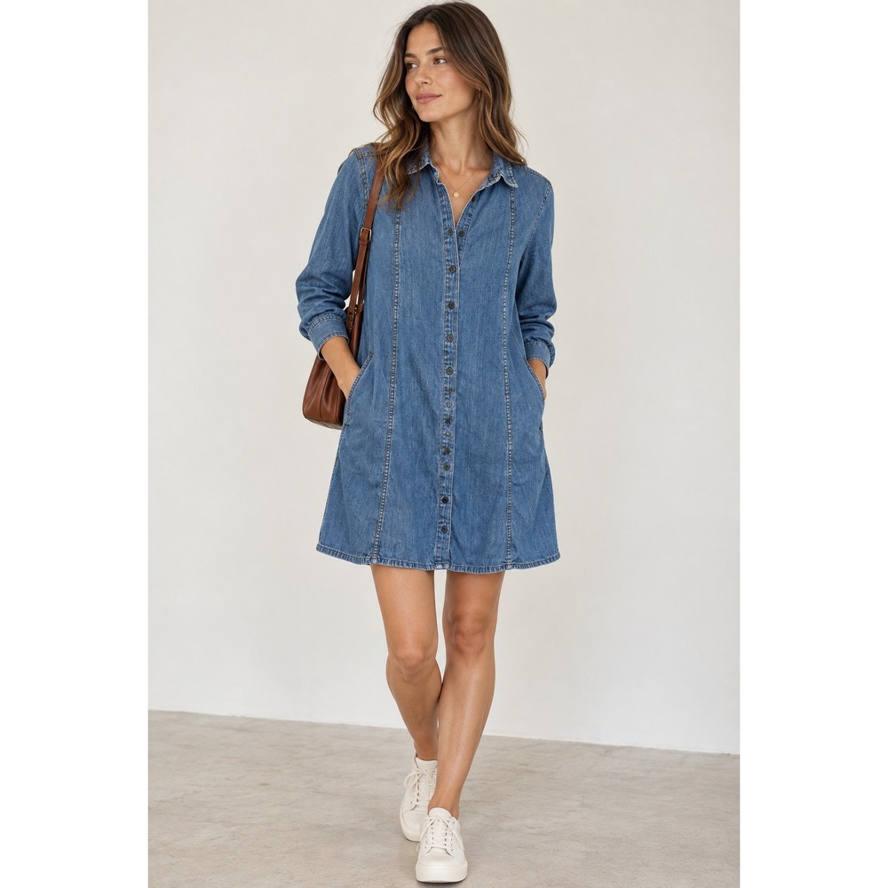 Madewell Denim Shirt Dress Size M Blue Cotton Long Sleeve Front Pockets Western